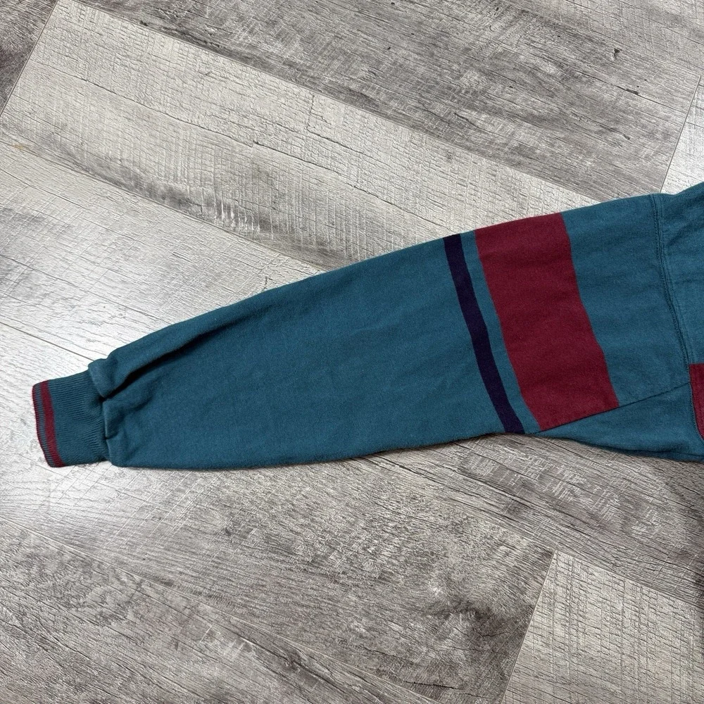 VNTG 80s LL Bean Large Green Blue Knit Sweater Pullover Mock Neck Made In USA